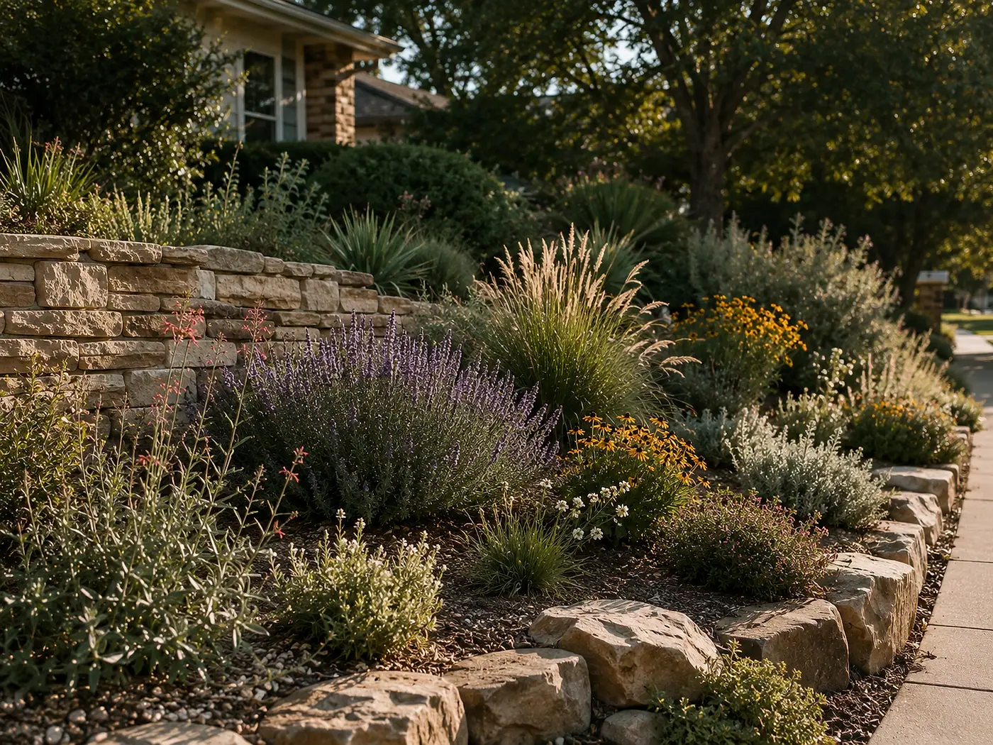 A layered planting bed of drought-tolerant perennials and ornamental grasses behind a stone retaining wall.