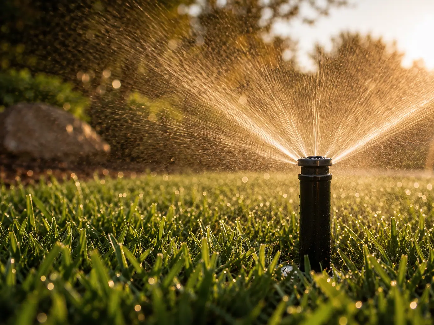 A pop-up irrigation head spraying across a lawn, the water backlit by low morning sun.