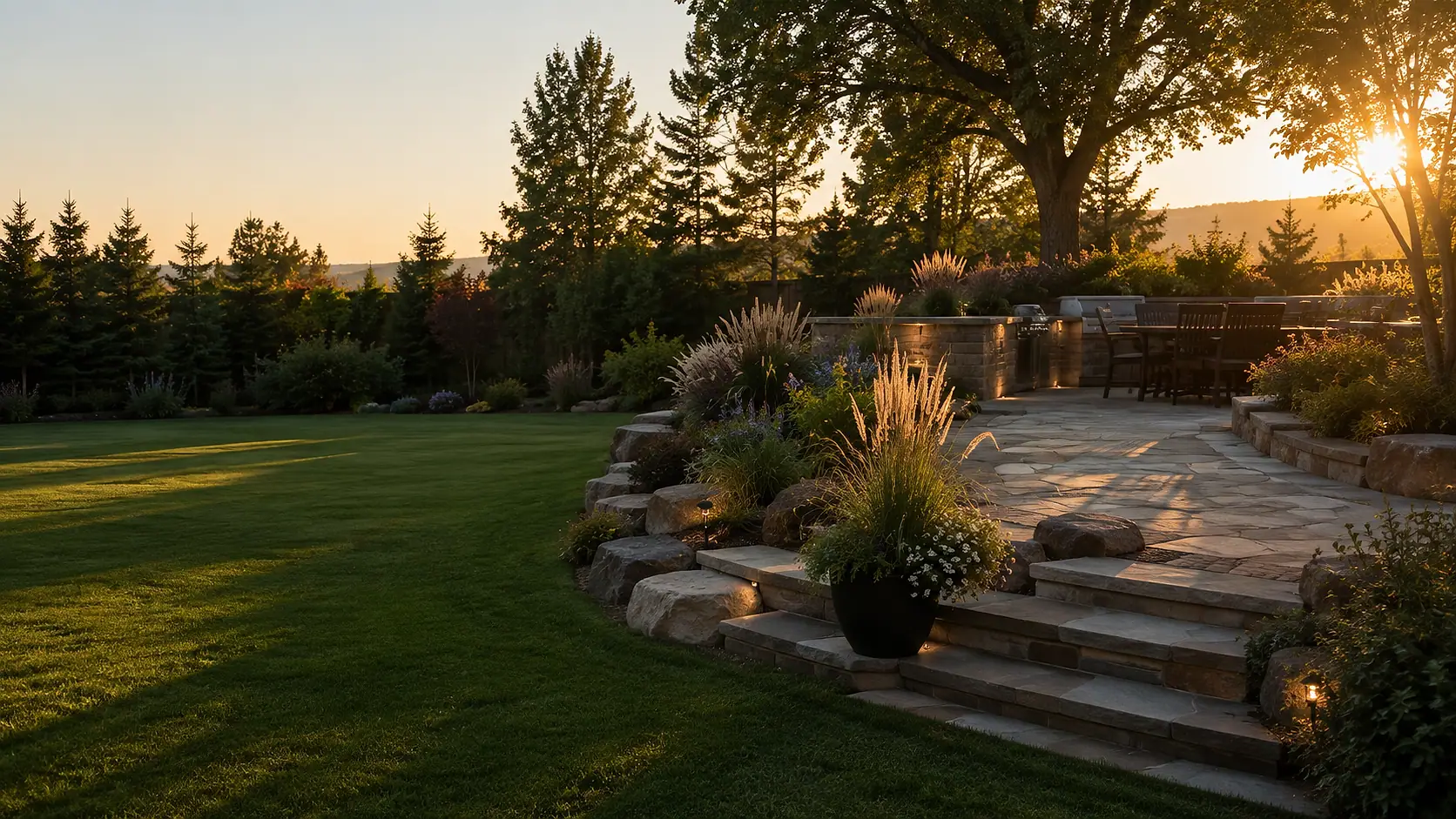 A landscaped backyard at golden hour with a stone patio, planted terraces and a mown lawn.