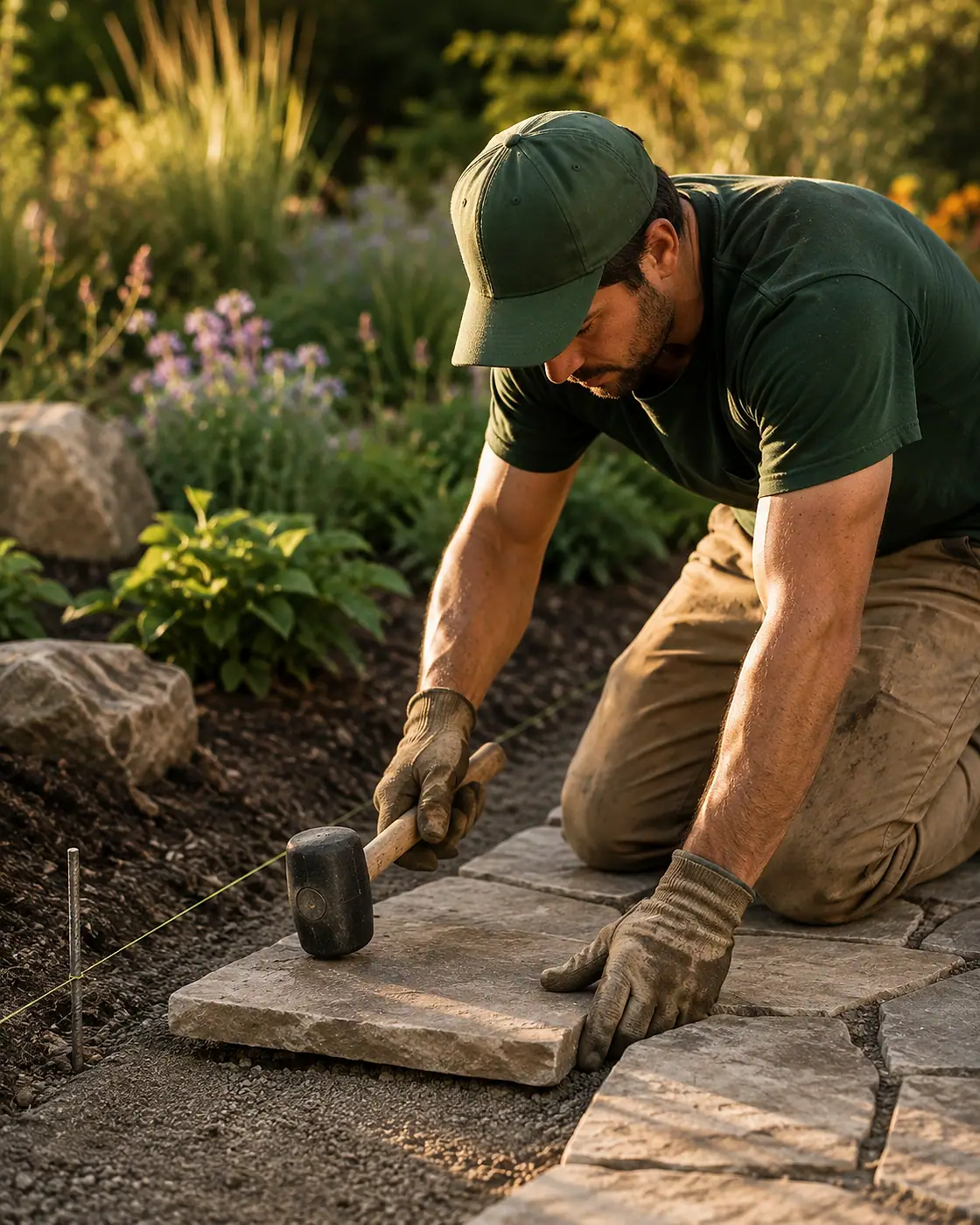 A landscaper kneeling to set a stone paver into a prepared base beside a planted bed.