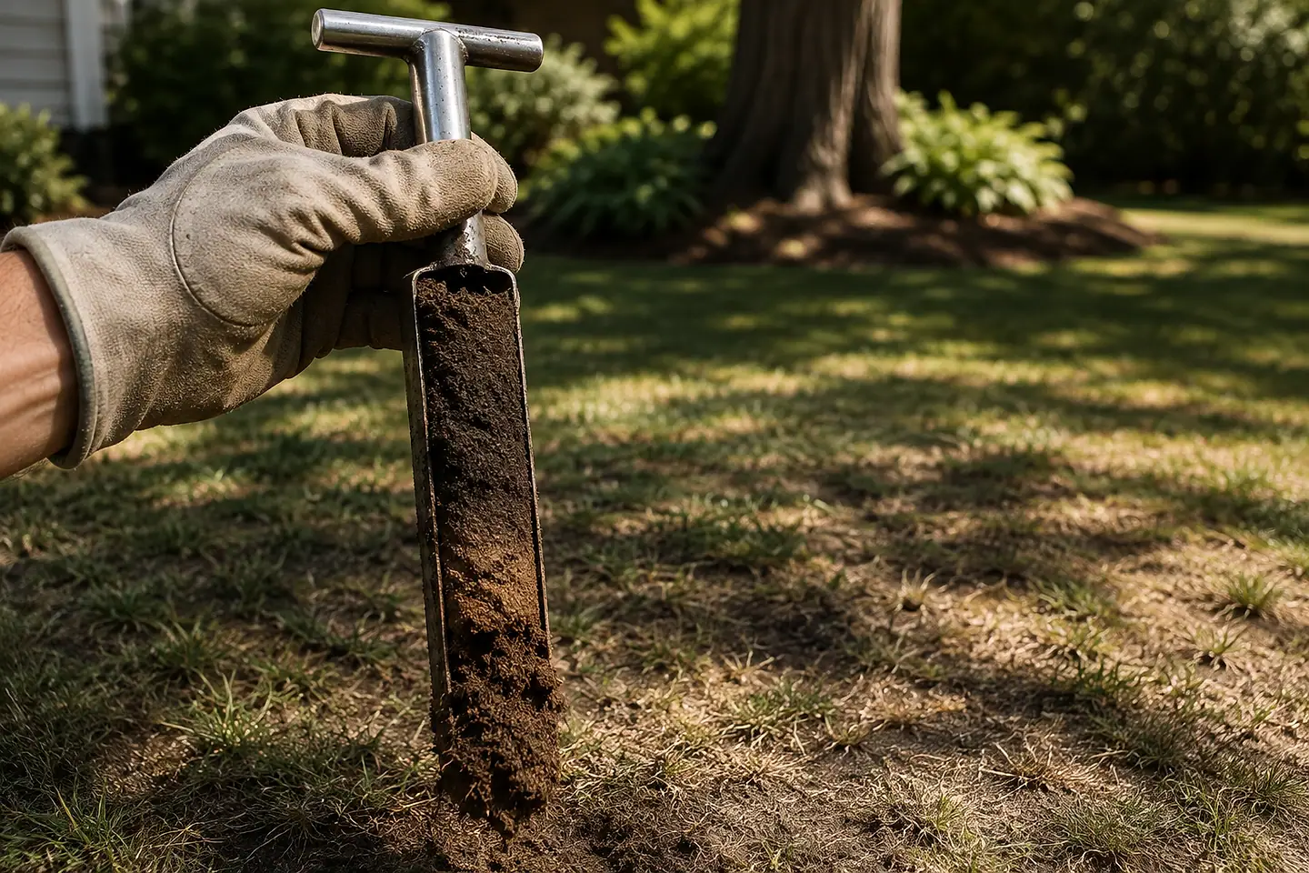 A gloved hand holding a soil probe with a core of dark soil, taken from thin lawn under dappled shade.